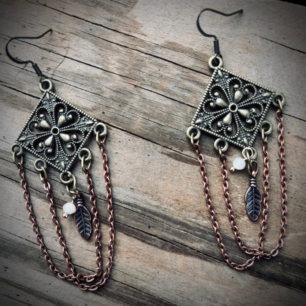 🆕 👑 Viking Warrior Princess Goddess Ornate Chandelier Chain Dangle Earrings OOAK